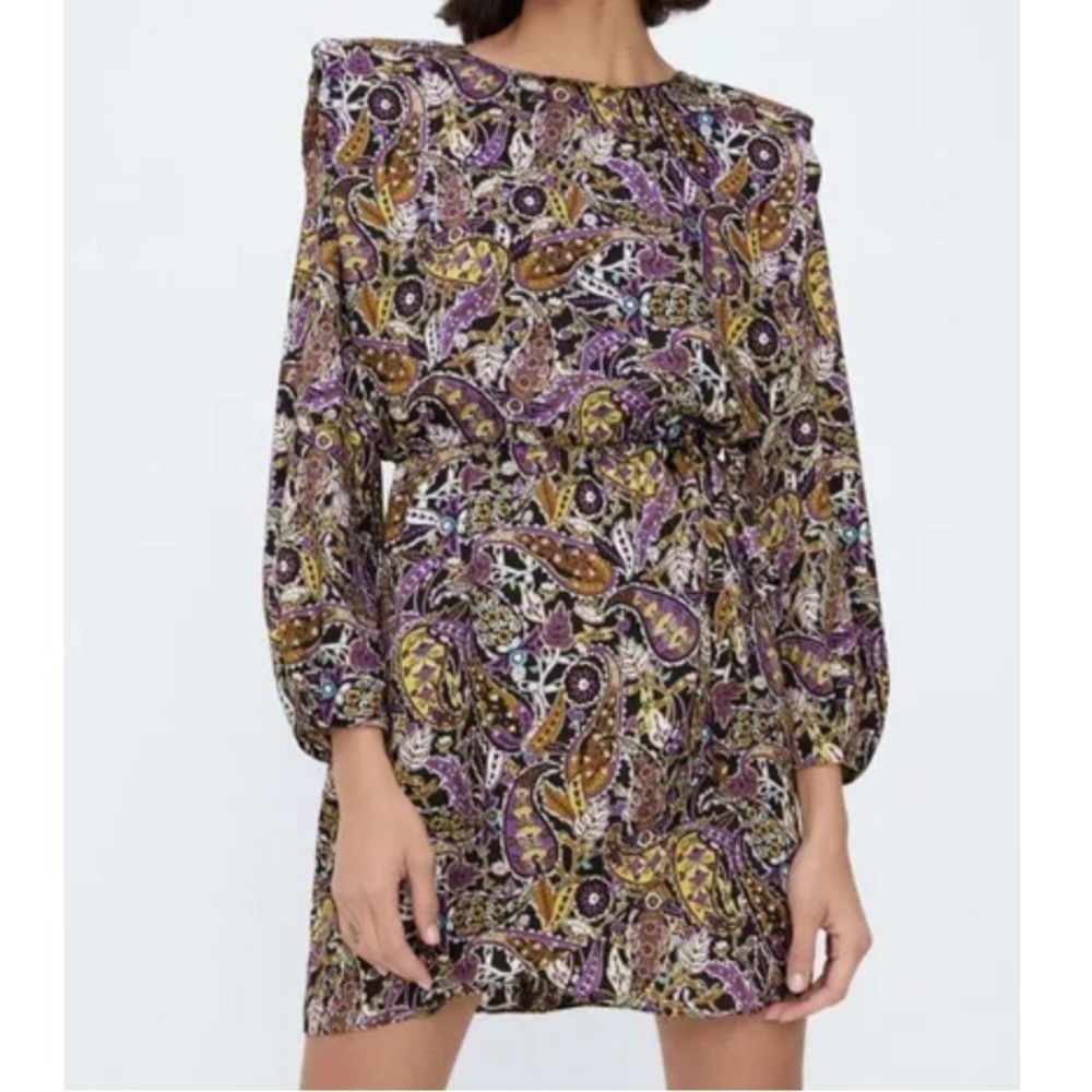 Zara Paisley Multi-Colored Silky Satin Padded Shoulder Long Sleeve Mini Dress
